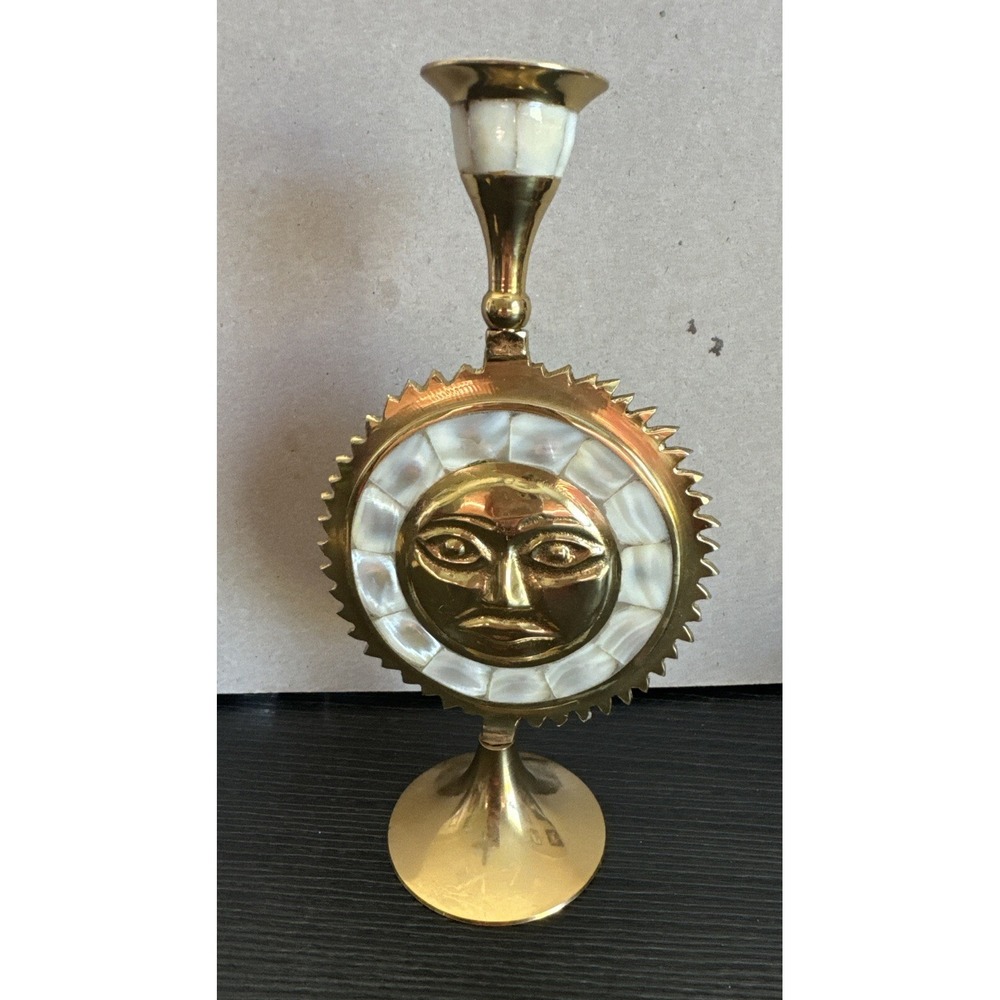 Vintage Hand Made Brass Sun  candlestick with Mother Of Pearl Inlay 8"
